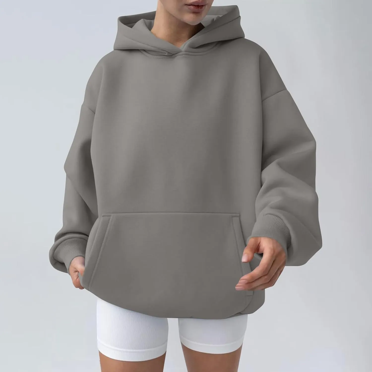 Oversized Hoodie Women Lantern Sleeve Fleece Lined Crewneck Sweatshirt Loose Fit Drop Shoulder Hooded Pullover