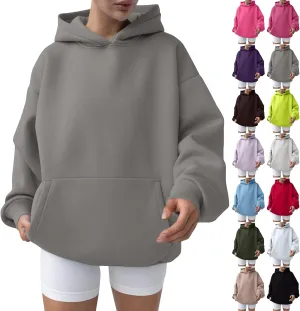 Oversized Hoodie Women Lantern Sleeve Fleece Lined Crewneck Sweatshirt Loose Fit Drop Shoulder Hooded Pullover