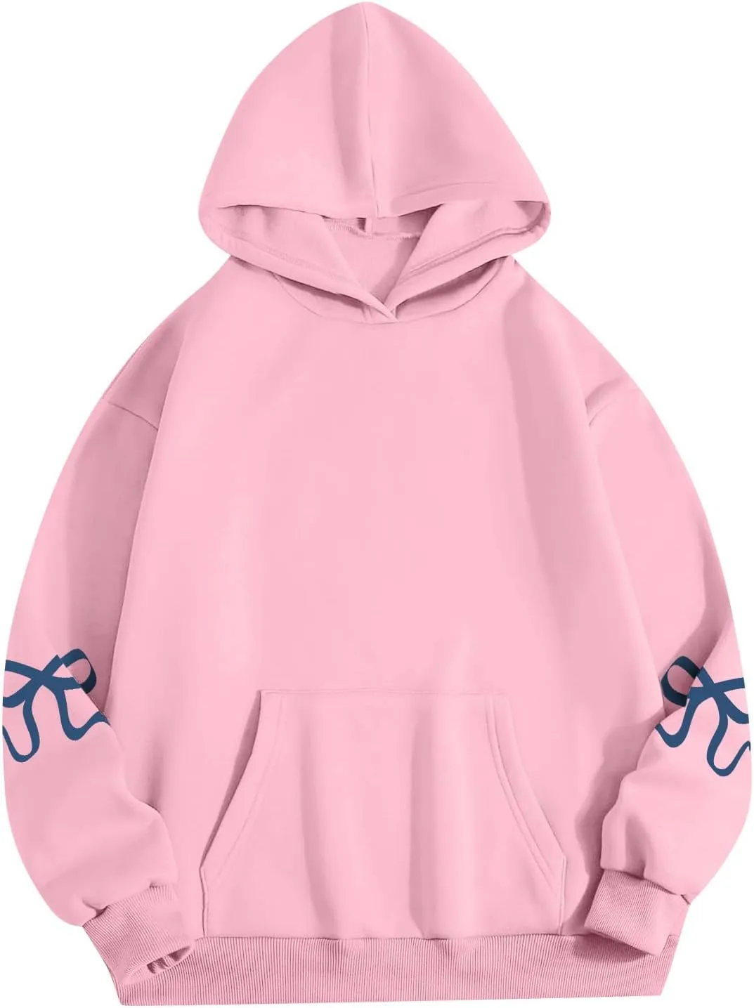 Oversized Hoodies for Women Cute Bow Trim Preppy Sweatshirts Long Sleeve Drop Shoulder Fleece Pullover Tops w/Pocket