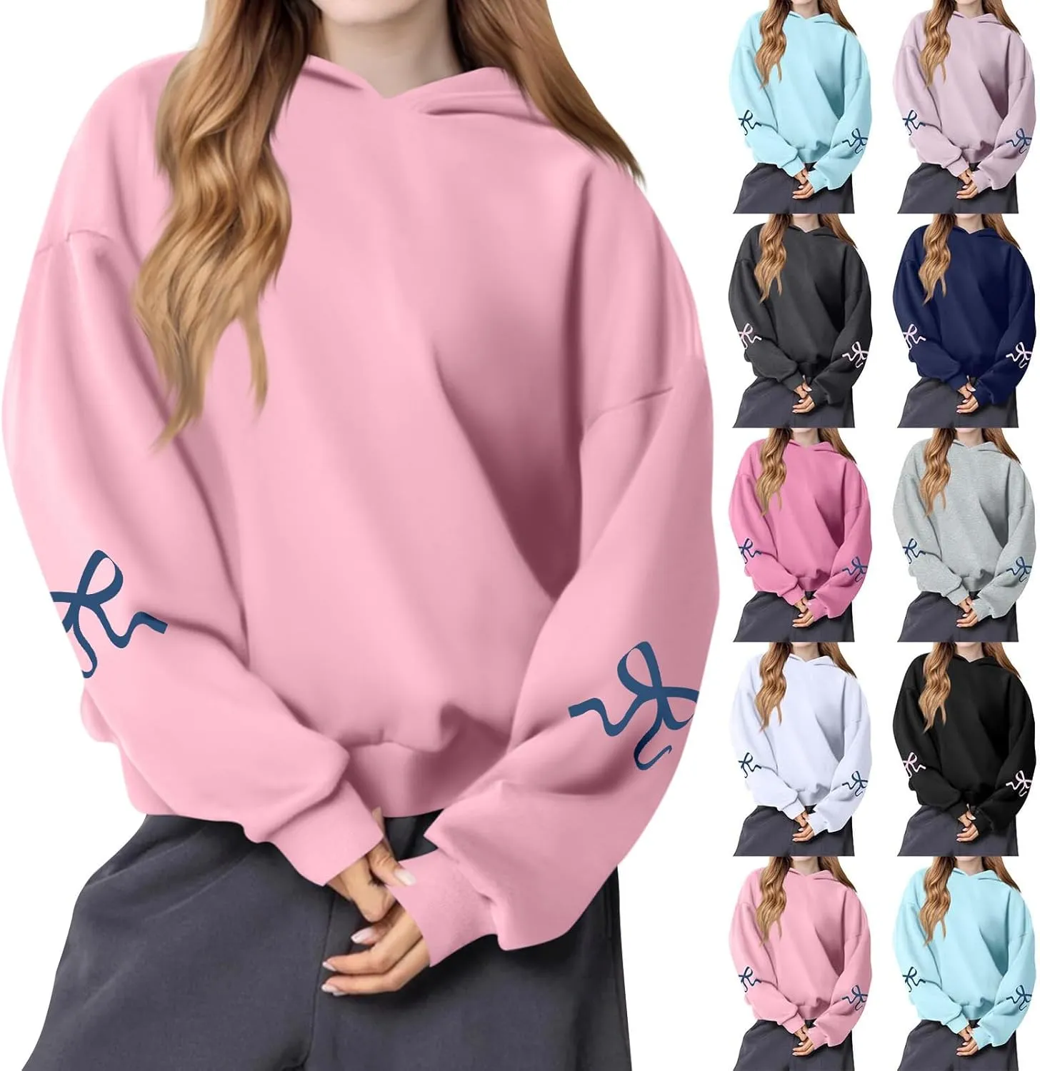 Oversized Hoodies for Women Cute Bow Trim Preppy Sweatshirts Long Sleeve Drop Shoulder Fleece Pullover Tops w/Pocket
