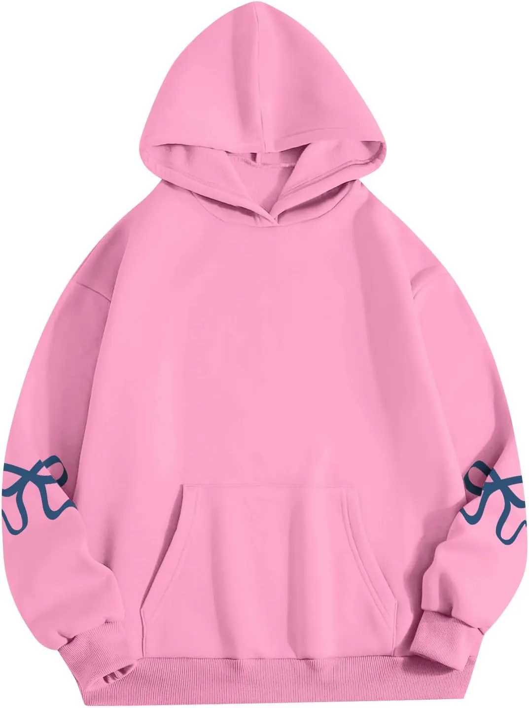 Oversized Hoodies for Women Cute Bow Trim Preppy Sweatshirts Long Sleeve Drop Shoulder Fleece Pullover Tops w/Pocket