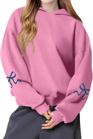 Oversized Hoodies for Women Cute Bow Trim Preppy Sweatshirts Long Sleeve Drop Shoulder Fleece Pullover Tops w/Pocket