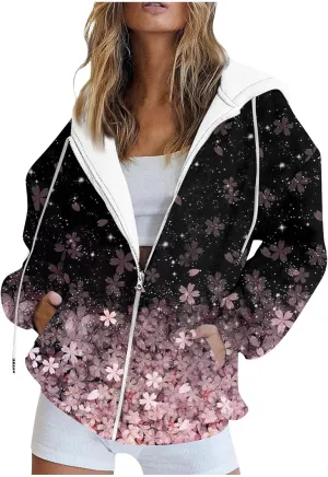 Oversized Zip Up Hoodie for Women Novelty Color Block Long Sleeve Loose Drawstring Sweatshirt Pocket Jacket Outwear
