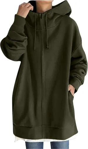 Oversized Zip Up Hoodies for Women Plus Size Long Sleeve Hooded Sweatshirt Casual Fall Long Jacket with Pockets