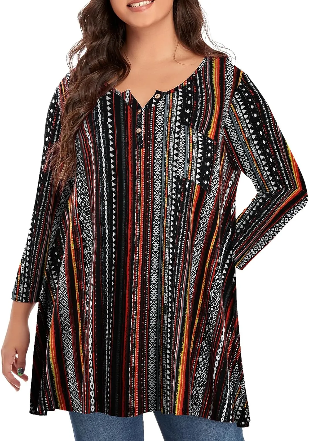 OVERWORETY Plus Size Tops for Women 3/4 Sleeve Henley V Neck Button Tunics Casual Loose Swing Shirts for Leggings