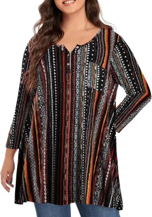 OVERWORETY Plus Size Tops for Women 3/4 Sleeve Henley V Neck Button Tunics Casual Loose Swing Shirts for Leggings