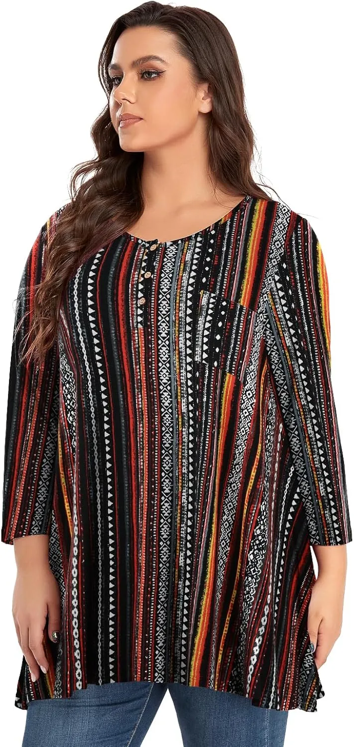 OVERWORETY Plus Size Tops for Women 3/4 Sleeve Henley V Neck Button Tunics Casual Loose Swing Shirts for Leggings