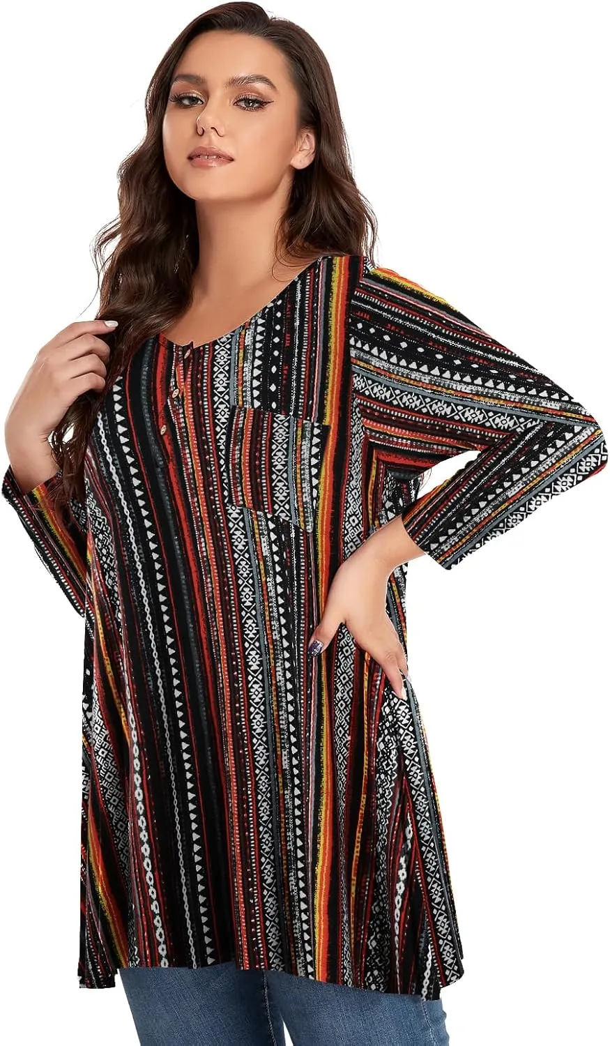 OVERWORETY Plus Size Tops for Women 3/4 Sleeve Henley V Neck Button Tunics Casual Loose Swing Shirts for Leggings