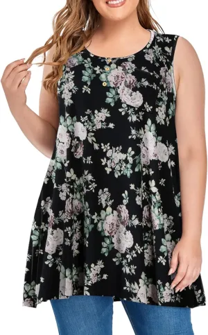 OVERWORETY Women's Plus Size Tank Tops Casual Loose Swing Sleeveless Tunic T-Shirts with Pocket
