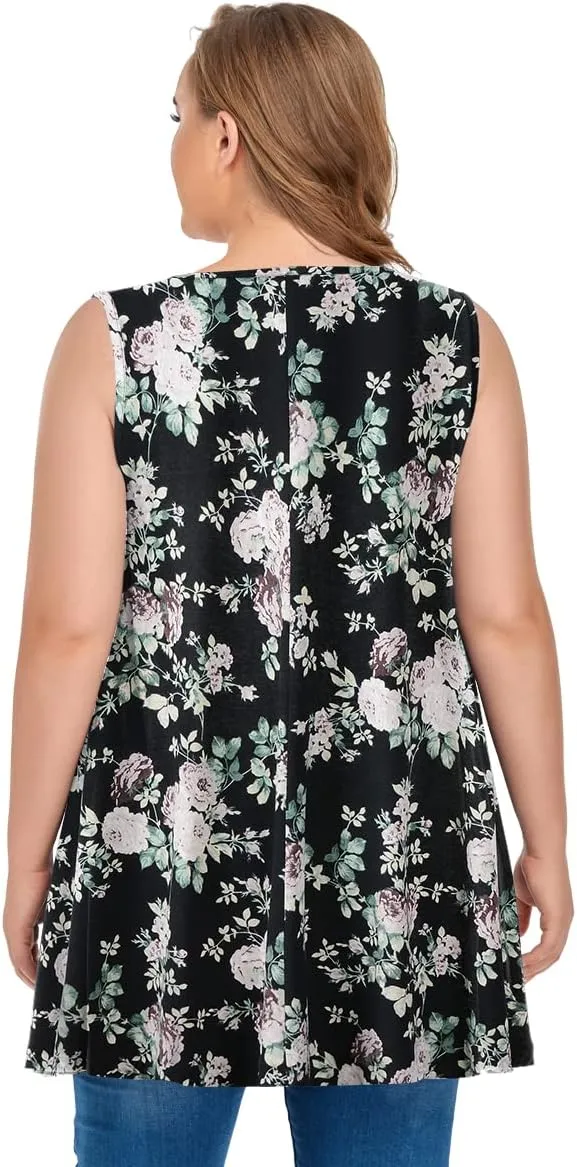 OVERWORETY Women's Plus Size Tank Tops Casual Loose Swing Sleeveless Tunic T-Shirts with Pocket