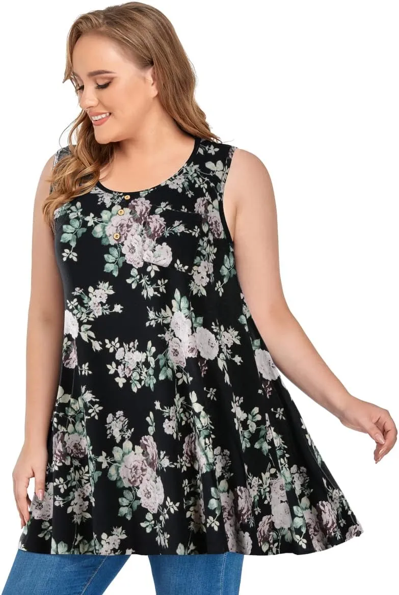 OVERWORETY Women's Plus Size Tank Tops Casual Loose Swing Sleeveless Tunic T-Shirts with Pocket
