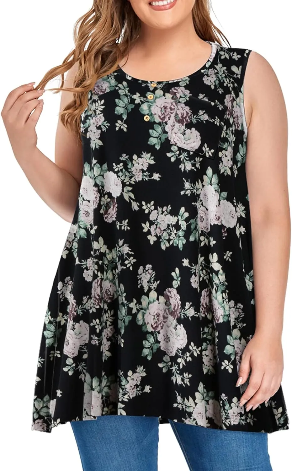 OVERWORETY Women's Plus Size Tank Tops Casual Loose Swing Sleeveless Tunic T-Shirts with Pocket