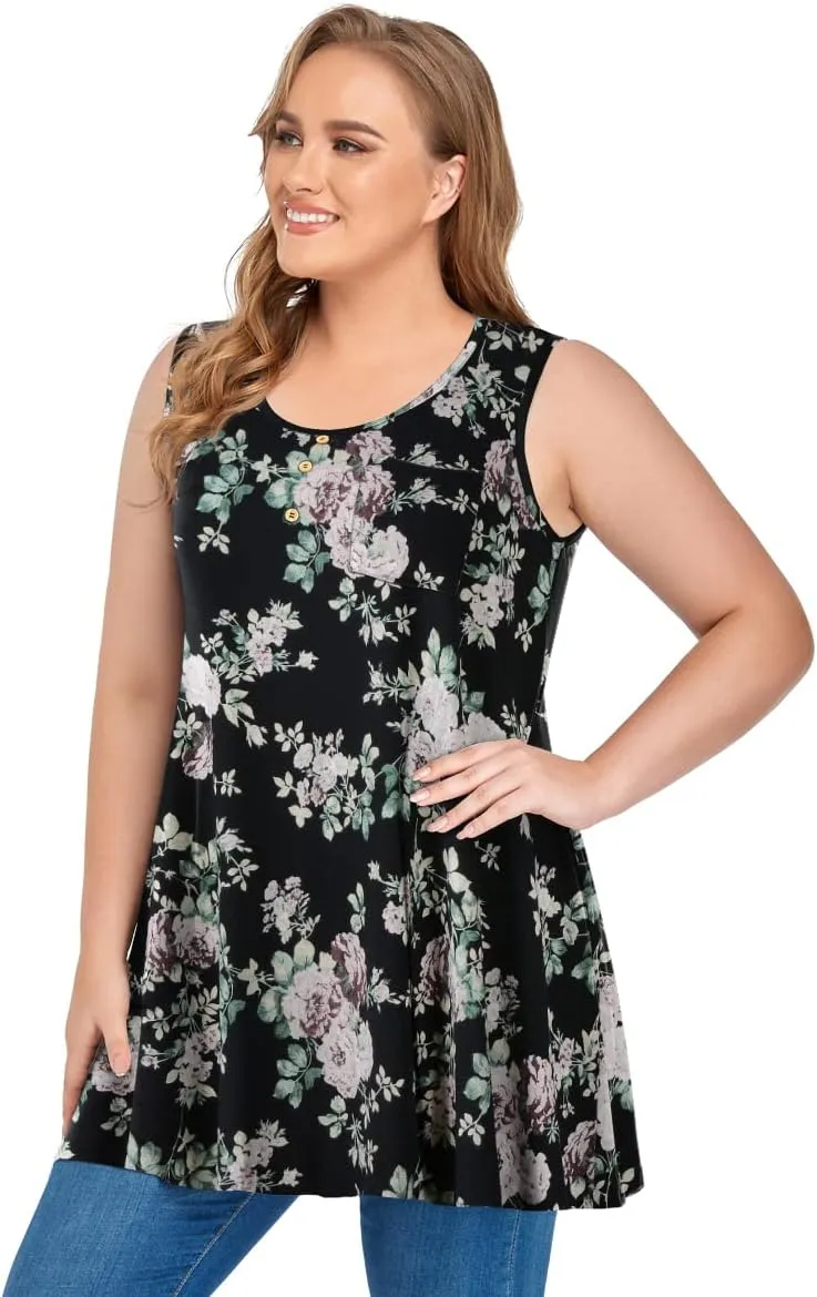 OVERWORETY Women's Plus Size Tank Tops Casual Loose Swing Sleeveless Tunic T-Shirts with Pocket