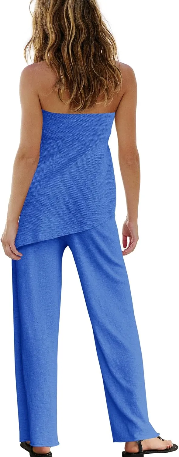 Panadila Womens Off Shoulder Sweater Set 2 Piece Outfits Summer Vacation Knit Matching Lounge Set Tube Top and Pants Set