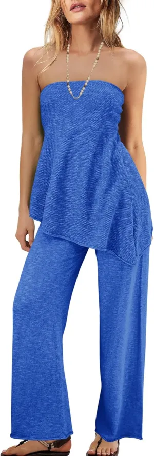 Panadila Womens Off Shoulder Sweater Set 2 Piece Outfits Summer Vacation Knit Matching Lounge Set Tube Top and Pants Set