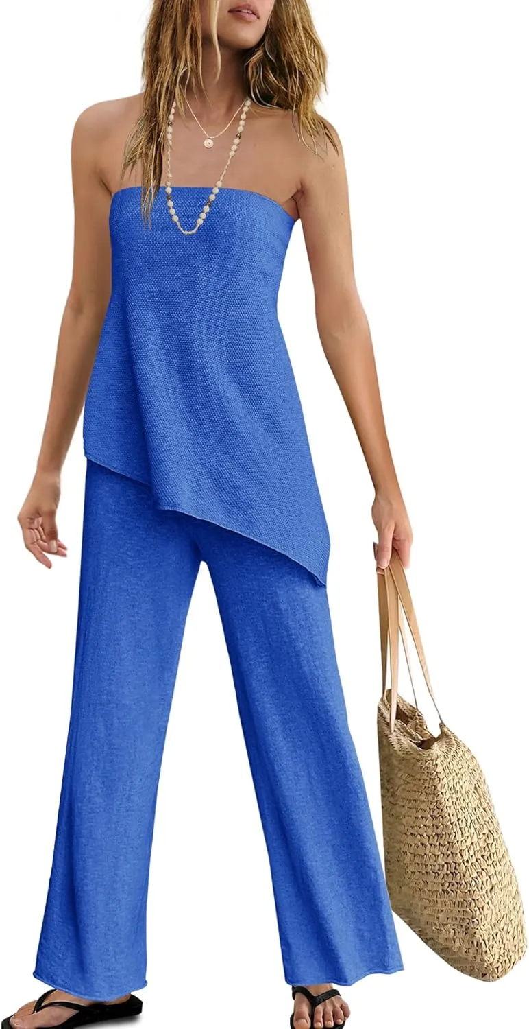Panadila Womens Off Shoulder Sweater Set 2 Piece Outfits Summer Vacation Knit Matching Lounge Set Tube Top and Pants Set