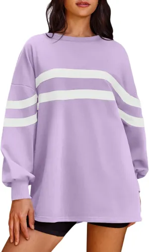 Panadila Womens Oversized Crewneck Sweatshirt Striped Pullover Long Sleeve Tunic Tops to Wear with Leggings