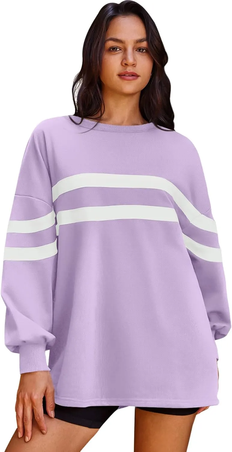 Panadila Womens Oversized Crewneck Sweatshirt Striped Pullover Long Sleeve Tunic Tops to Wear with Leggings