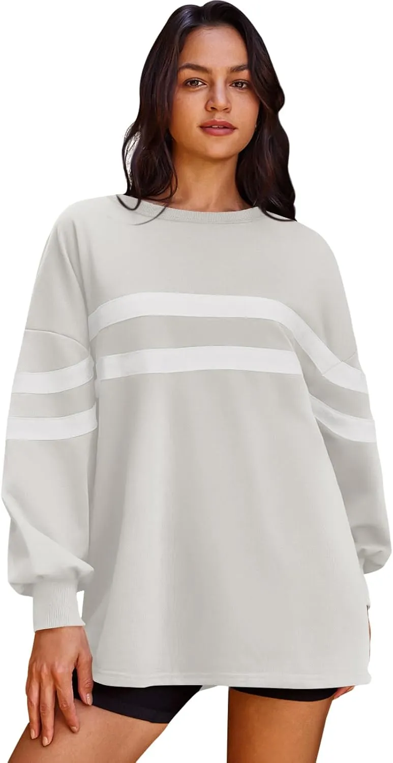 Panadila Womens Oversized Crewneck Sweatshirt Striped Pullover Long Sleeve Tunic Tops to Wear with Leggings