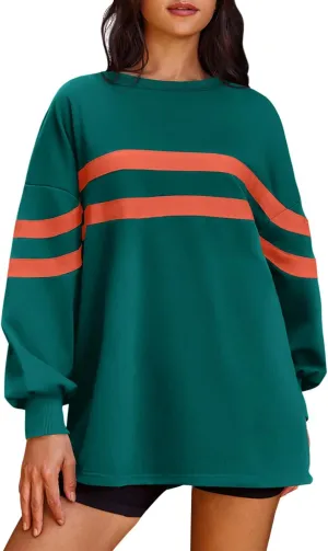 Panadila Womens Oversized Crewneck Sweatshirt Striped Pullover Long Sleeve Tunic Tops to Wear with Leggings