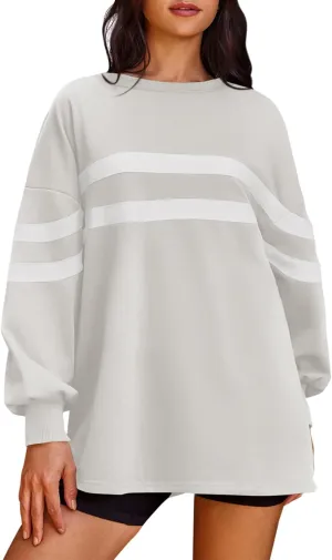 Panadila Womens Oversized Crewneck Sweatshirt Striped Pullover Long Sleeve Tunic Tops to Wear with Leggings