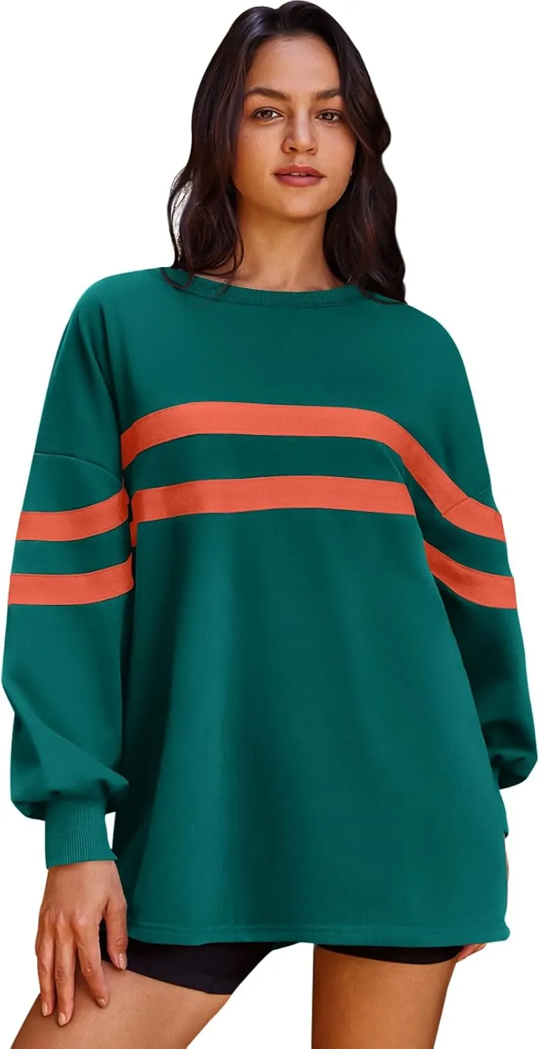 Panadila Womens Oversized Crewneck Sweatshirt Striped Pullover Long Sleeve Tunic Tops to Wear with Leggings