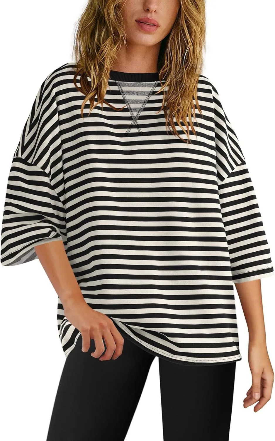 Panadila Womens Striped Short Sleeve Tunic Tops Oversized Crewneck T Shirt Casual Loose Fit Color Block Sweatshirt