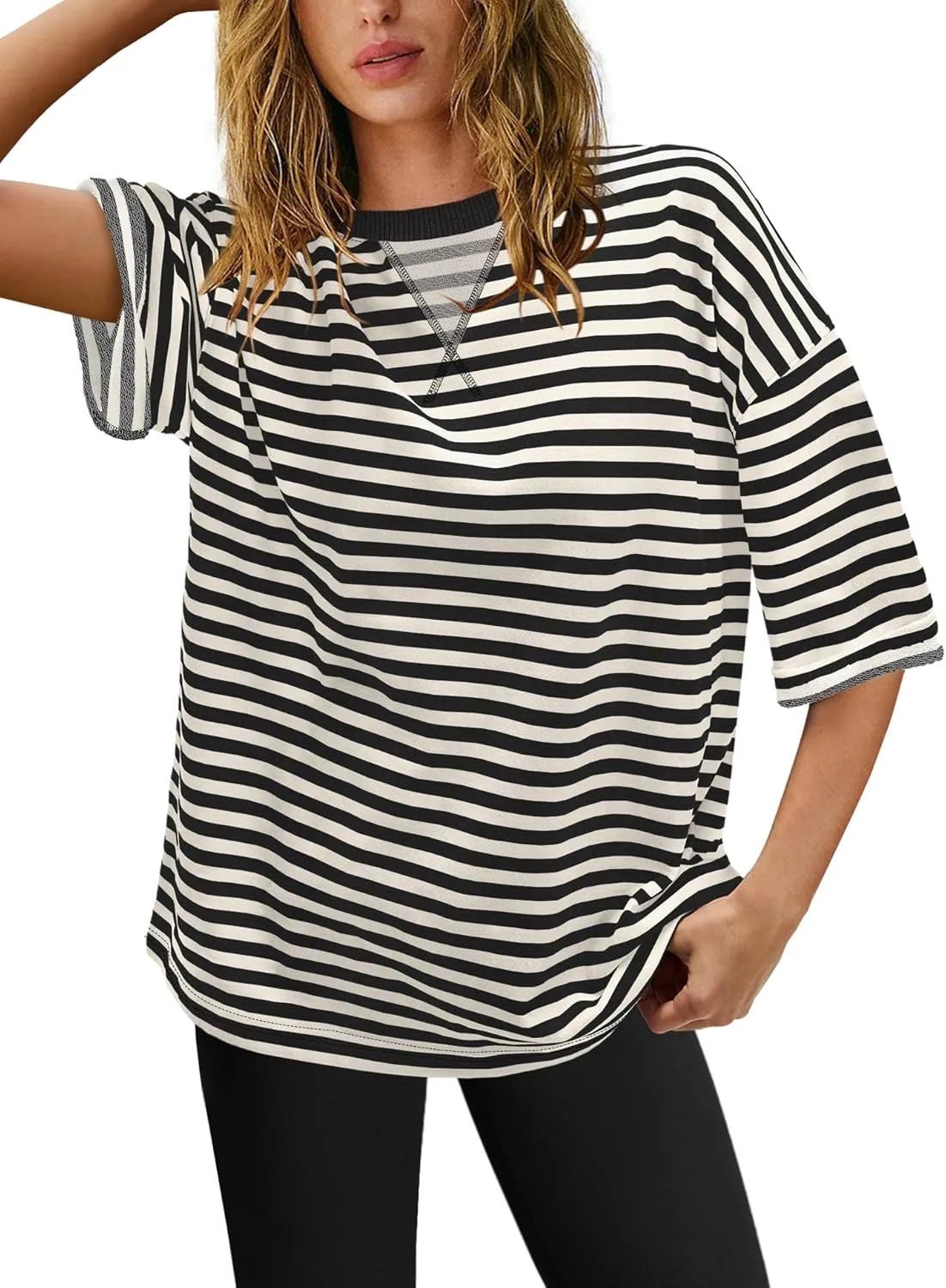 Panadila Womens Striped Short Sleeve Tunic Tops Oversized Crewneck T Shirt Casual Loose Fit Color Block Sweatshirt
