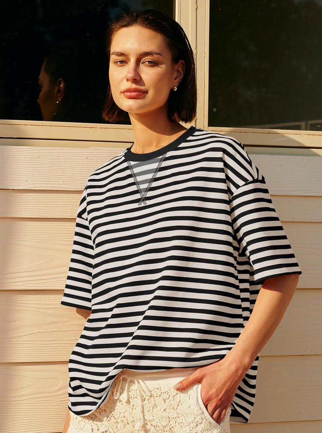 Panadila Womens Striped Short Sleeve Tunic Tops Oversized Crewneck T Shirt Casual Loose Fit Color Block Sweatshirt