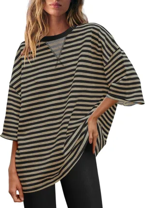 Panadila Womens Striped Short Sleeve Tunic Tops Oversized Crewneck T Shirt Casual Loose Fit Color Block Sweatshirt