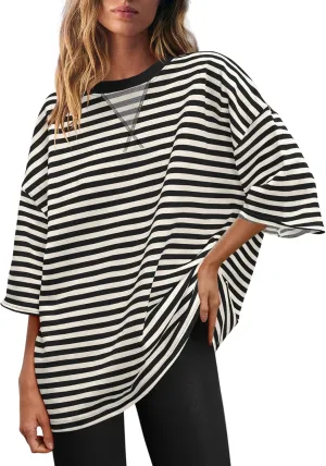 Panadila Womens Striped Short Sleeve Tunic Tops Oversized Crewneck T Shirt Casual Loose Fit Color Block Sweatshirt
