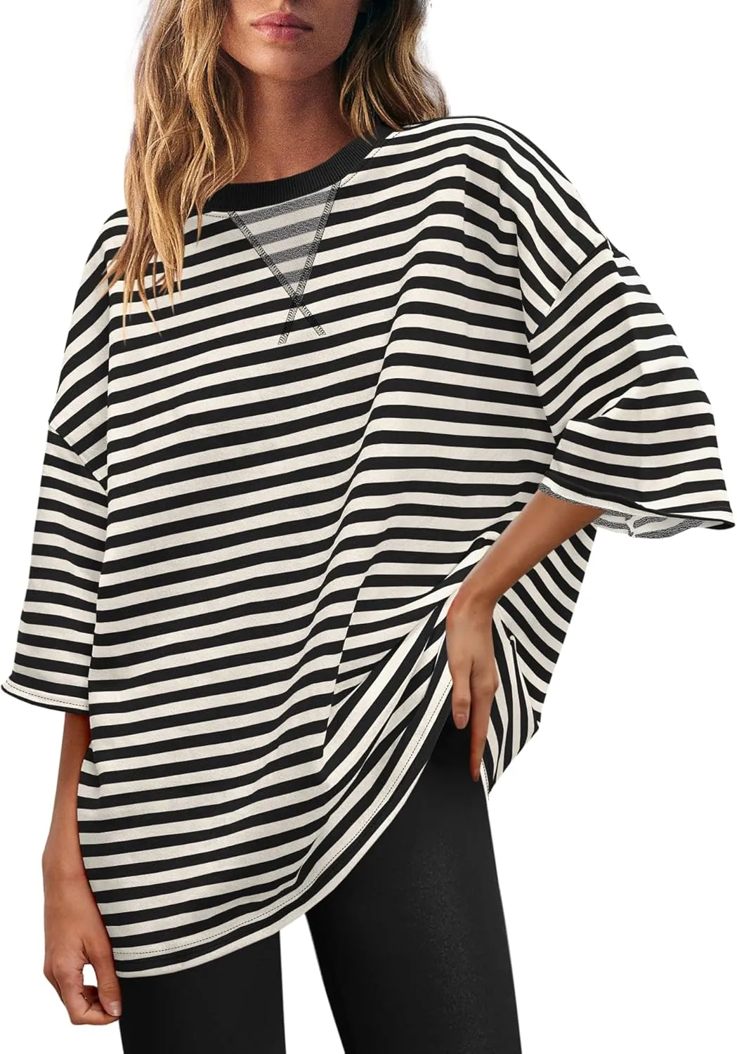 Panadila Womens Striped Short Sleeve Tunic Tops Oversized Crewneck T Shirt Casual Loose Fit Color Block Sweatshirt