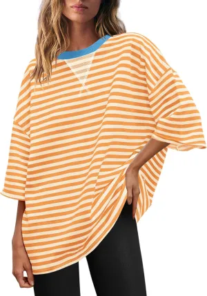 Panadila Womens Striped Short Sleeve Tunic Tops Oversized Crewneck T Shirt Casual Loose Fit Color Block Sweatshirt