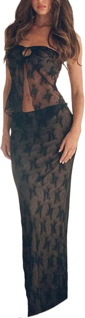 Passec Vintage Lace Maxi Skirt Set Women 2 Piece Outfit Strapless Split Tube Top and Maxi Skirt Set Going Out