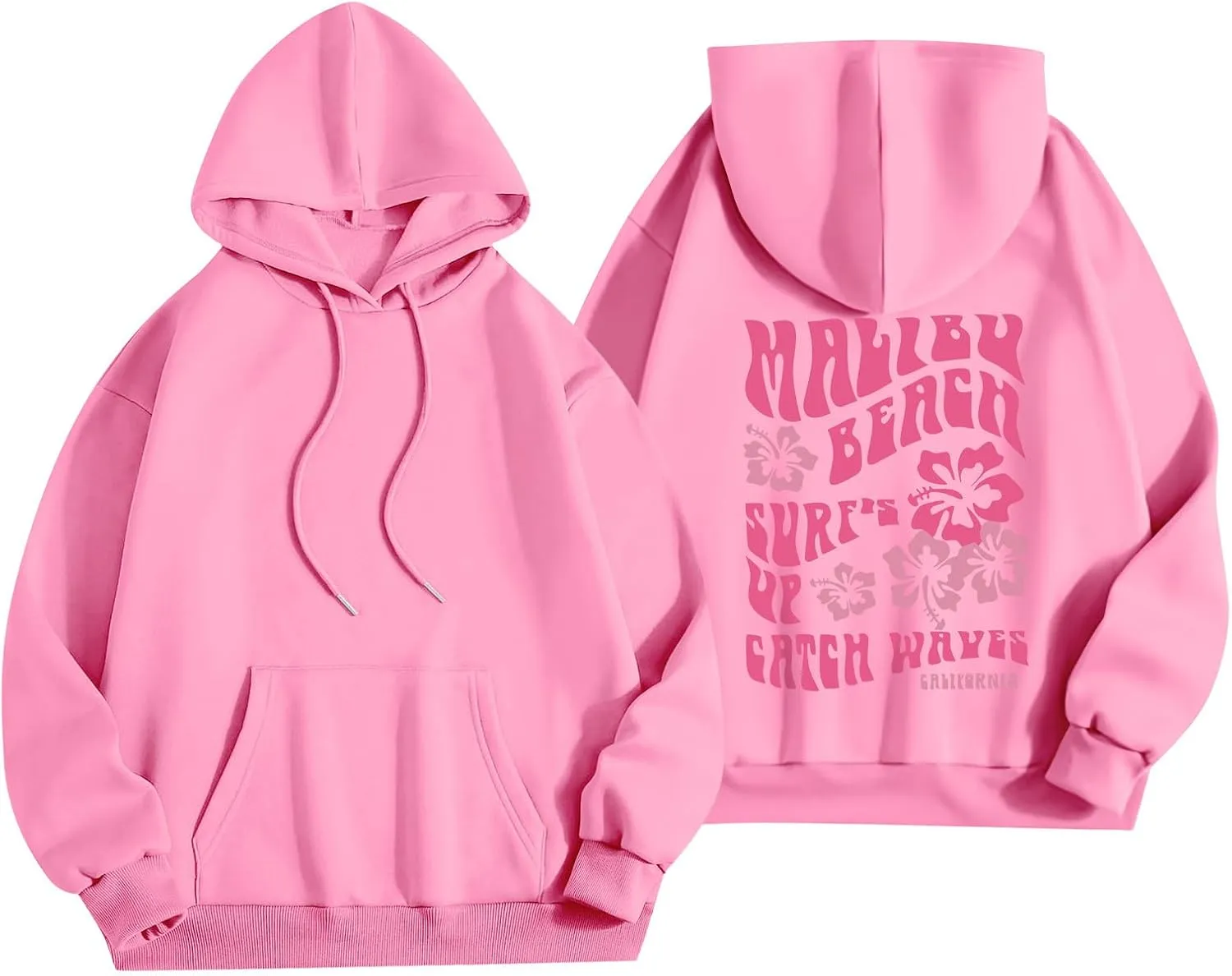 Pink Palm Puff Hoodie Real Women Oversized Sweatshirts Pullover Hoodies Fleece Sweaters Long Sleeve With Pockets