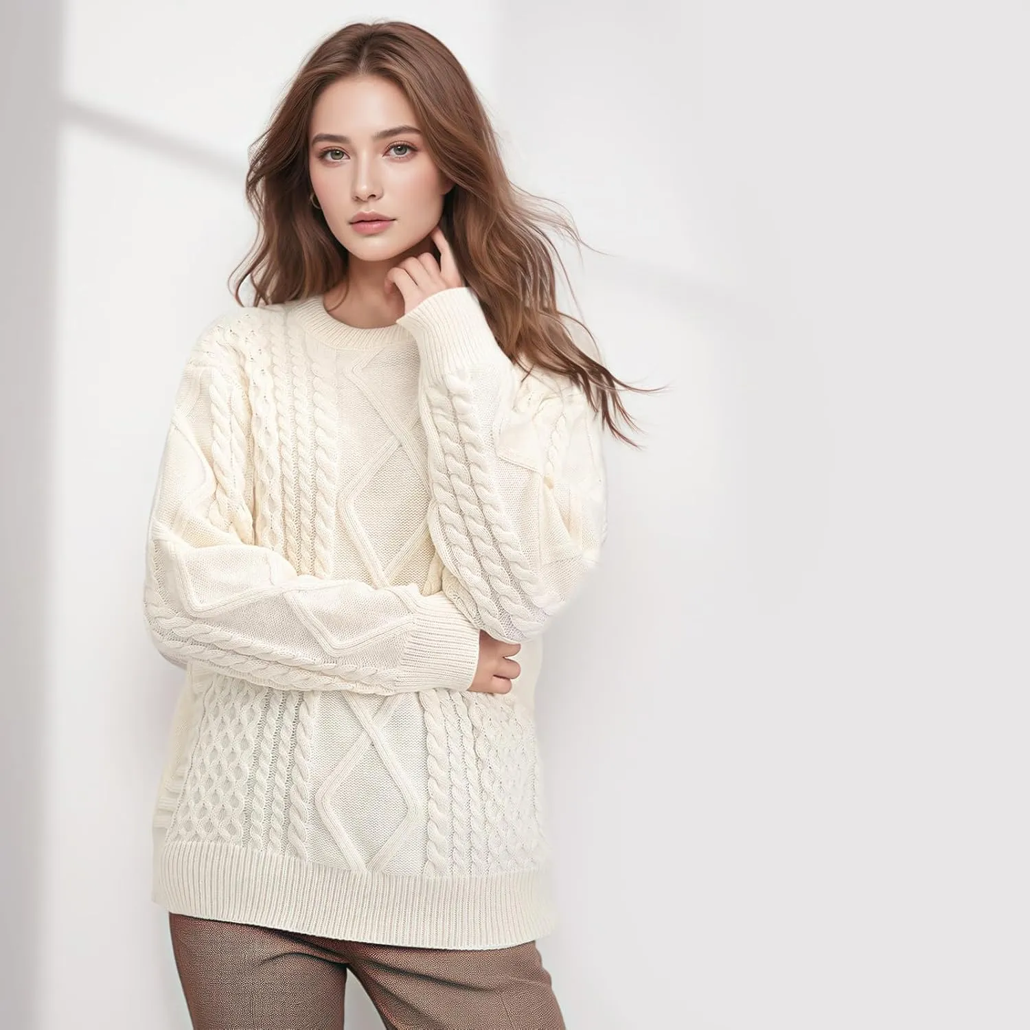 Pleneal Women Sweater Vintage Pullover Cable Knit Sweater Unisex Woven Crewneck Knitted Tops