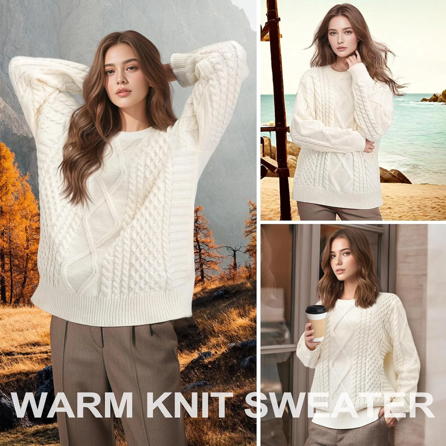Pleneal Women Sweater Vintage Pullover Cable Knit Sweater Unisex Woven Crewneck Knitted Tops