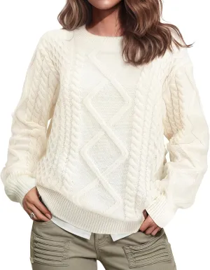 Pleneal Women Sweater Vintage Pullover Cable Knit Sweater Unisex Woven Crewneck Knitted Tops