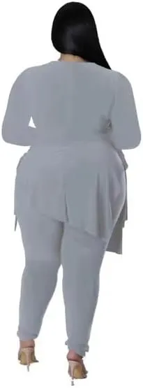 Plus Size 2 Piece Outfits for Women Pants Sets Sexy Elegant Long Sleeve Split Shirt Bodycon Casual tracksuits