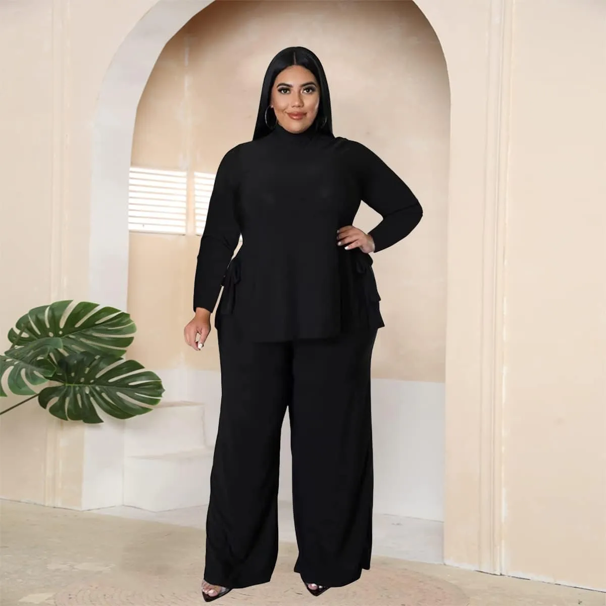 Plus Size 2 Piece Outfits for Women Pants Sets Sexy Elegant Long Sleeve Split Shirt Bodycon Casual tracksuits