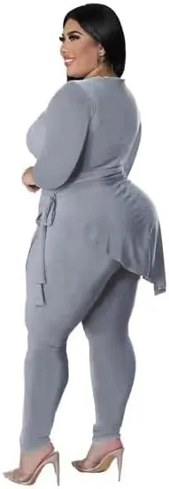 Plus Size 2 Piece Outfits for Women Pants Sets Sexy Elegant Long Sleeve Split Shirt Bodycon Casual tracksuits