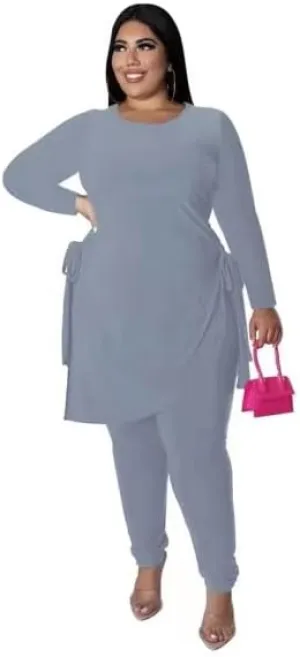 Plus Size 2 Piece Outfits for Women Pants Sets Sexy Elegant Long Sleeve Split Shirt Bodycon Casual tracksuits