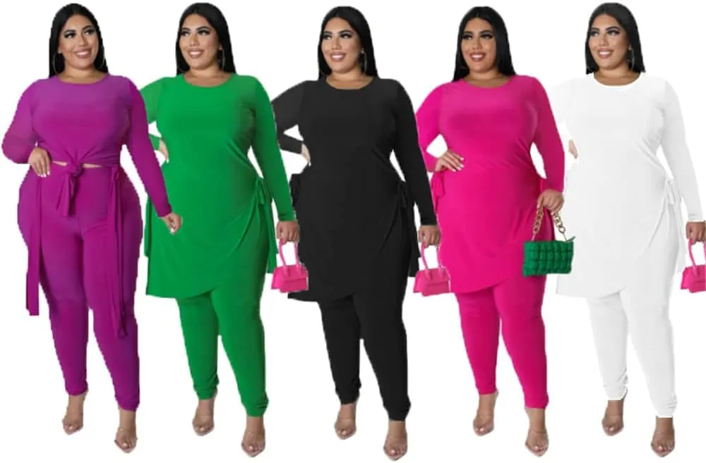 Plus Size 2 Piece Outfits for Women Pants Sets Sexy Elegant Long Sleeve Split Shirt Bodycon Casual tracksuits