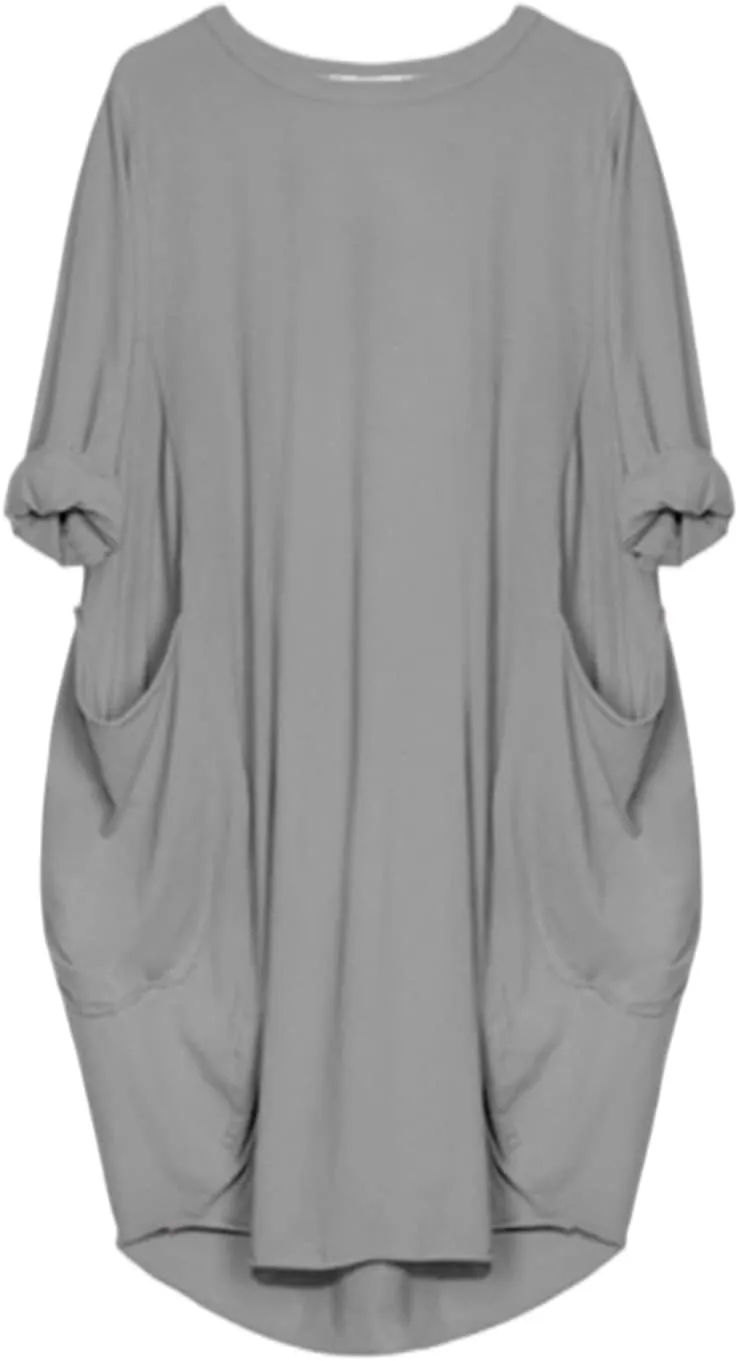 Plus Size Dresses for Women Oversized T Shirt Midi Dress Roll-Up Sleeve Crewneck Dress Baggy Dresses with Pockets
