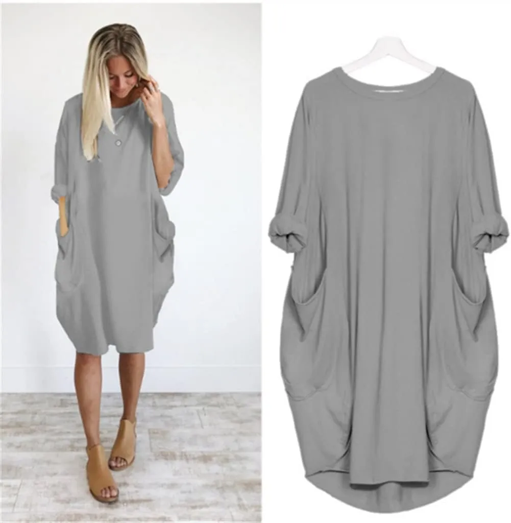 Plus Size Dresses for Women Oversized T Shirt Midi Dress Roll-Up Sleeve Crewneck Dress Baggy Dresses with Pockets