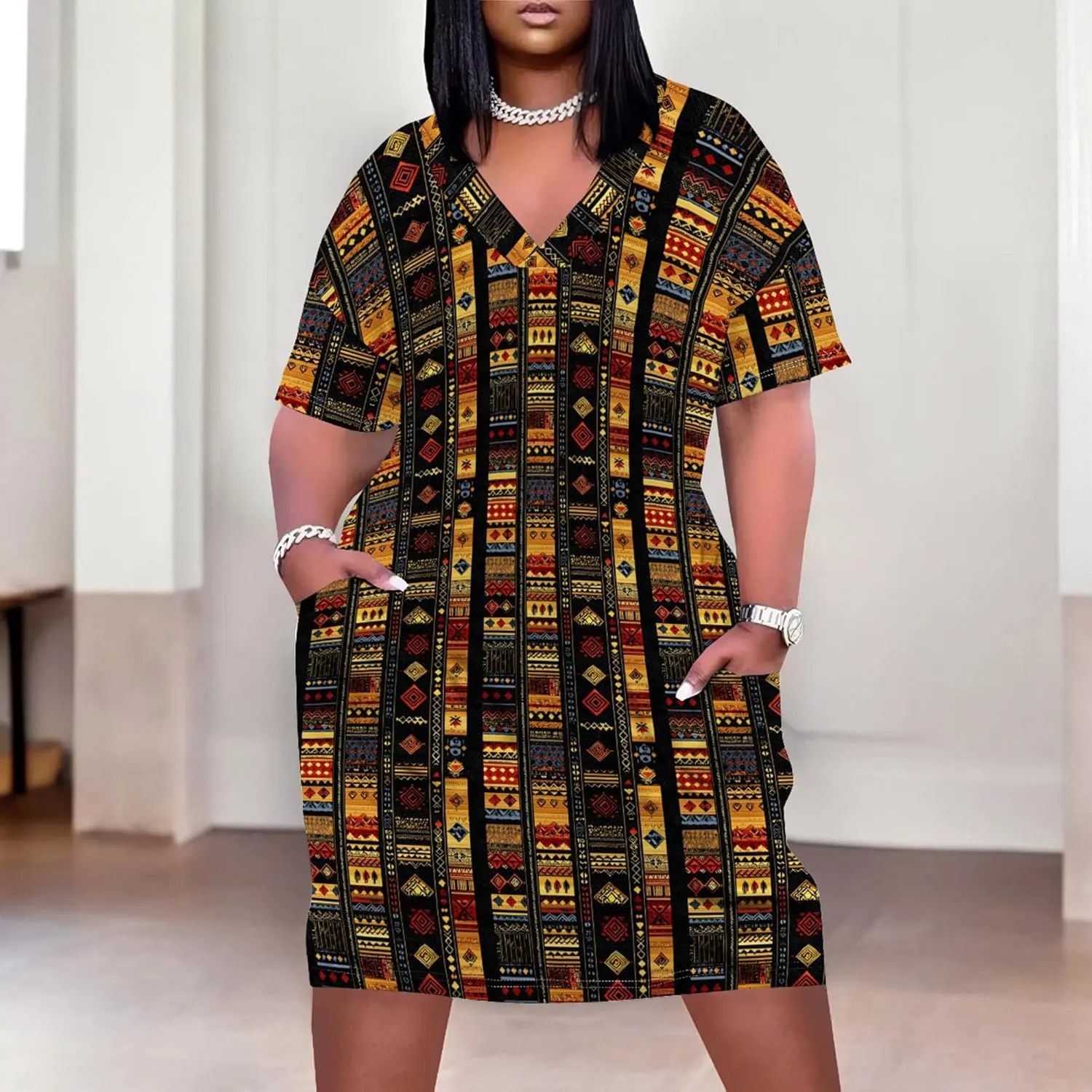 Plus Size for Women Midi Dress Sexy Curvy Casual T-Shirt Dresses V Neck Short Sleeve Long Dress with Pockets 2024