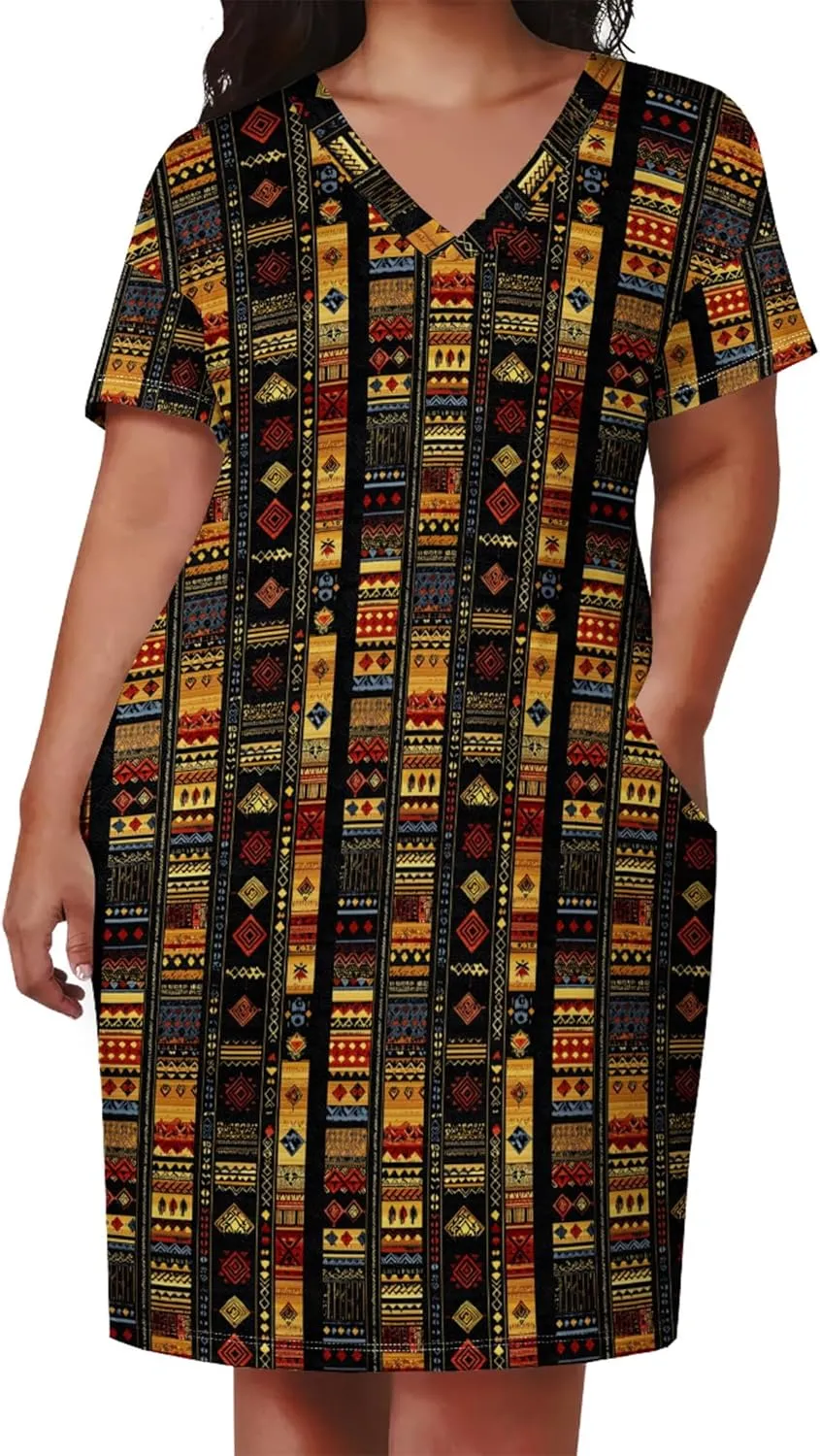 Plus Size for Women Midi Dress Sexy Curvy Casual T-Shirt Dresses V Neck Short Sleeve Long Dress with Pockets 2024