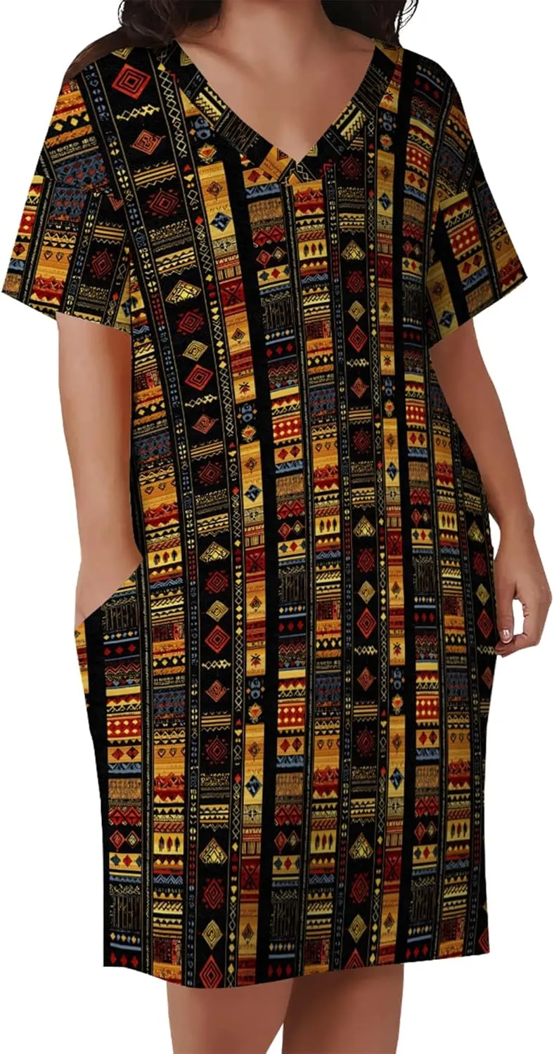 Plus Size for Women Midi Dress Sexy Curvy Casual T-Shirt Dresses V Neck Short Sleeve Long Dress with Pockets 2024