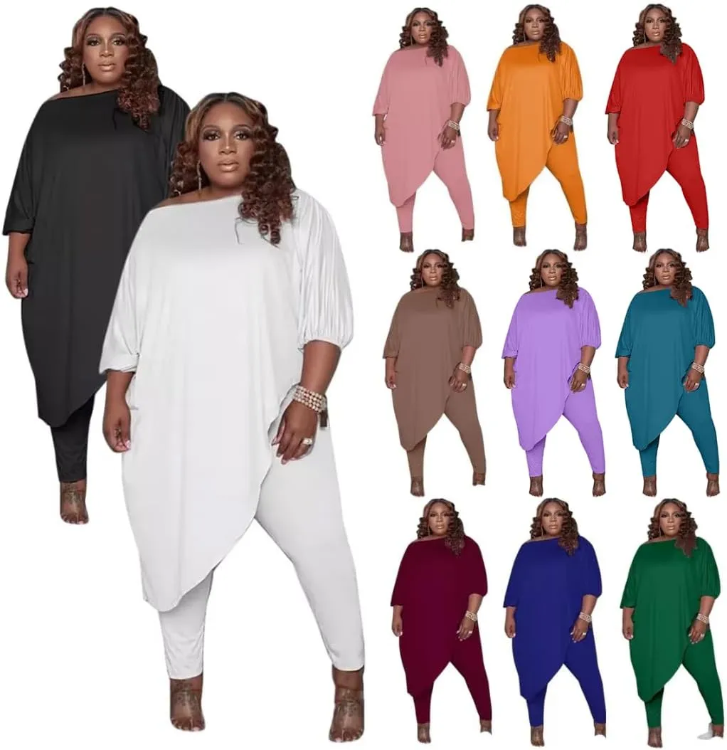 Plus Size Outfits for Women Tracksuits Long Sleeve Slant Shoulder Asymmetrica Tops Bodycon Pants Sweatsuit Sets
