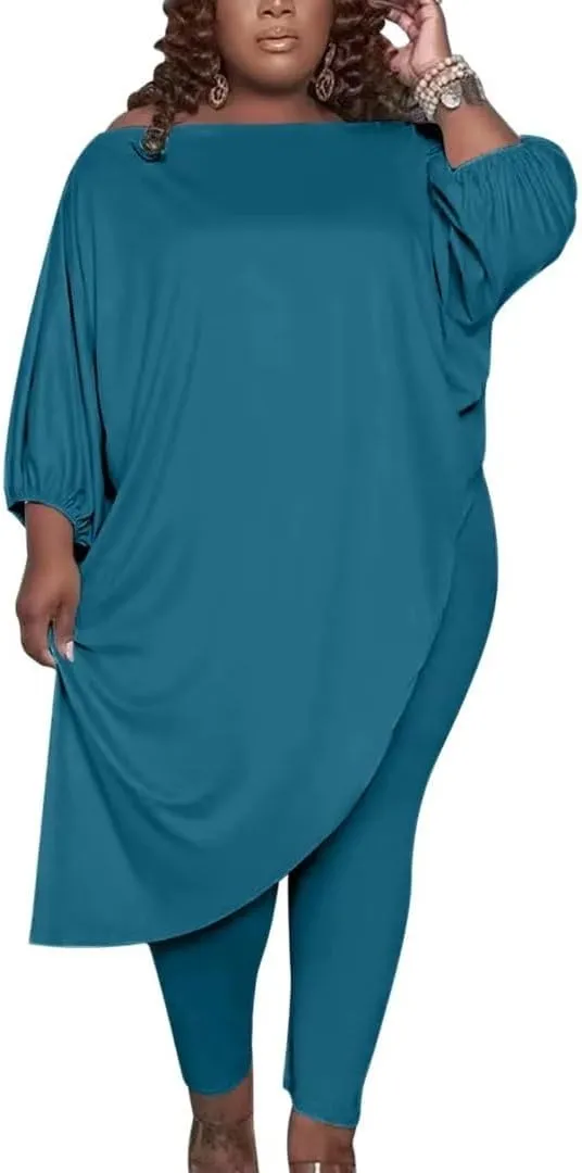 Plus Size Outfits for Women Tracksuits Long Sleeve Slant Shoulder Asymmetrica Tops Bodycon Pants Sweatsuit Sets